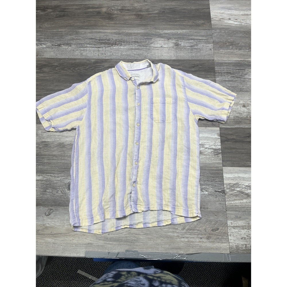 Tommy Bahama Mens Shirt Purple Yellow Striped Collared Linen Button Down L Beach